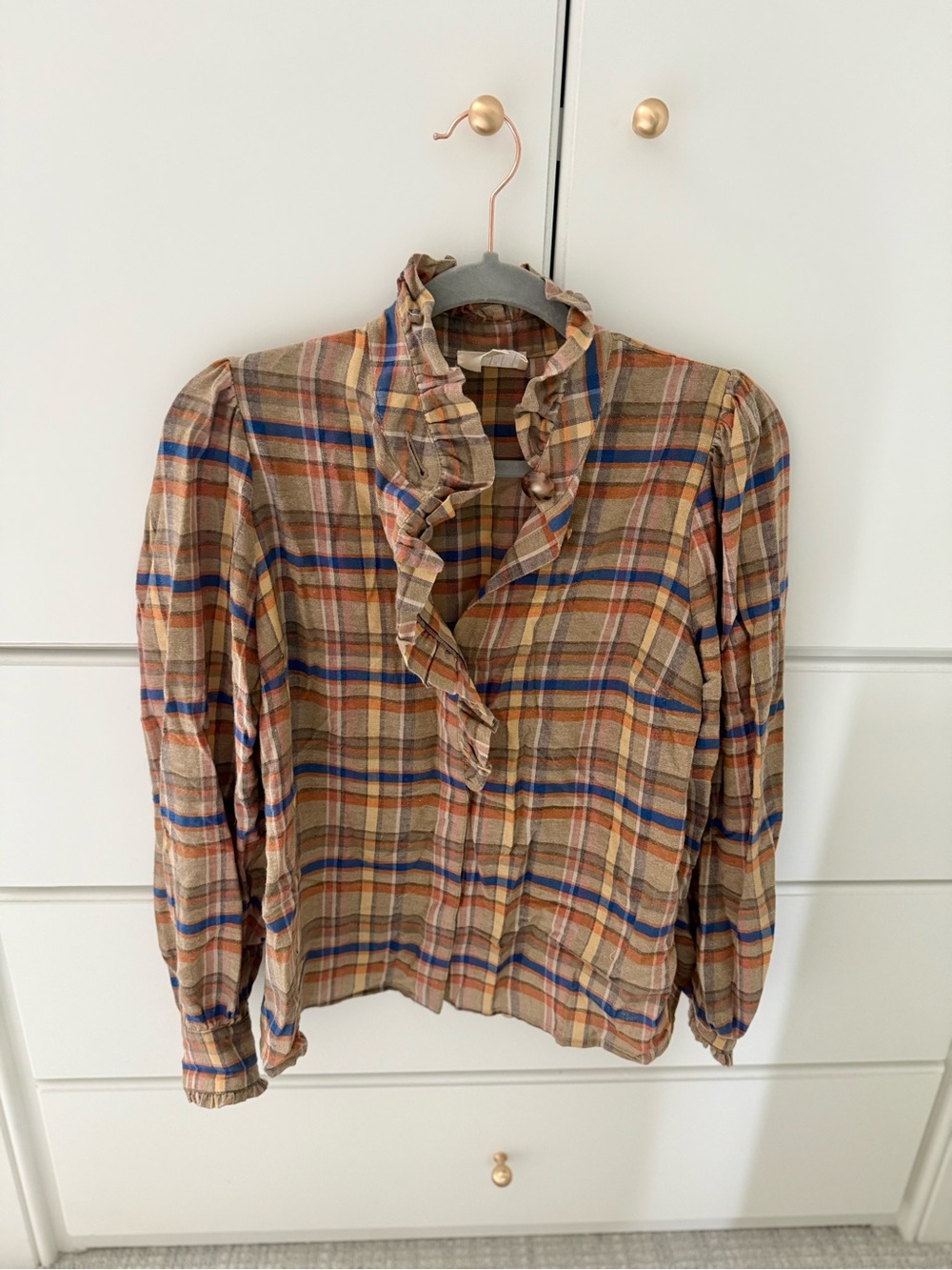 Sezane Plaid Ruffle-Front Blouse - Tan Multi